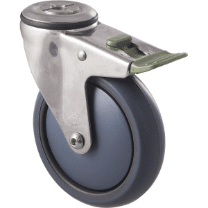 M Series castor, antistatic/conductive 125mm x 32mm TPE rubber wheel, thread guard, swivel bolt hole, direction lock, stainless steel fork, 85 kg load rating
