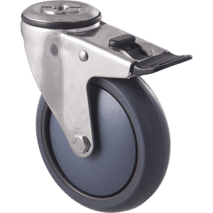M Series castor, antistatic/conductive 125mm x 32mm TPE rubber wheel, thread guard, swivel bolt hole, total brake, stainless steel fork, 85 kg load rating