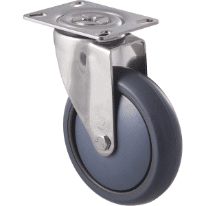 M Series castor, antistatic/conductive 125mm x 32mm TPE rubber wheel, thread guard, swivel plate, stainless steel fork, 85 kg load rating