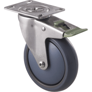 M Series castor, antistatic/conductive 125mm x 32mm TPE rubber wheel, thread guard, swivel plate, direction lock, stainless steel fork, 85 kg load rating