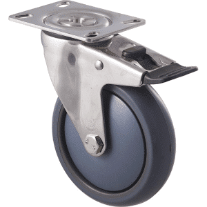 M Series castor, antistatic/conductive 125mm x 32mm TPE rubber wheel, thread guard, swivel plate, total brake, stainless steel fork, 85 kg load rating