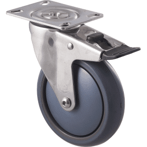 M Series castor, antistatic/conductive 125mm x 32mm TPE rubber wheel, thread guard, swivel plate, total brake, stainless steel fork, 85 kg load rating
