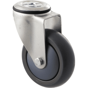 M Series castor, antistatic/conductive 100mm x 32mm TPE rubber wheel, thread guard, swivel bolt hole, zinc fork, black seal, precision bearing, 85 kg load rating