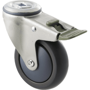 M Series castor, antistatic/conductive 100mm x 32mm TPE rubber wheel, thread guard, swivel bolt hole, direction lock, zinc fork, precision bearing, Chicago screw axle, 85 kg load rating
