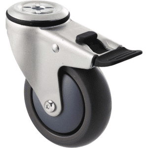 M Series castor, antistatic/conductive 100mm x 32mm TPE rubber wheel, thread guard, swivel bolt hole, total brake, zinc fork, precision bearing, Chicago screw axle, 85 kg load rating
