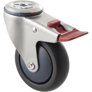 M Series castor, antistatic/conductive 100mm x 32mm TPE rubber wheel, thread guard, swivel bolt hole, total brake, zinc fork, precision bearing, Chicago screw axle, 85 kg load rating