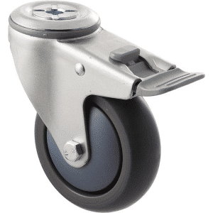 M Series castor, antistatic/conductive 100mm x 32mm TPE rubber wheel, thread guard, swivel bolt hole, total brake, zinc fork, grey seal & pedal, precision bearing, 85 kg load rating