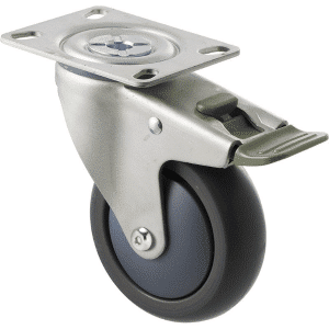 M Series castor, antistatic/conductive 100mm x 32mm TPE rubber wheel, thread guard, swivel plate, direction lock, zinc fork, precision bearing, Chicago screw axle, 85 kg load rating