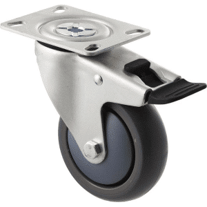M Series castor, antistatic/conductive 100mm x 32mm TPE rubber wheel, thread guard, North American (NA) swivel plate, zinc fork with total brake, black seal & pedal, precision bearing, 85 kg load rating