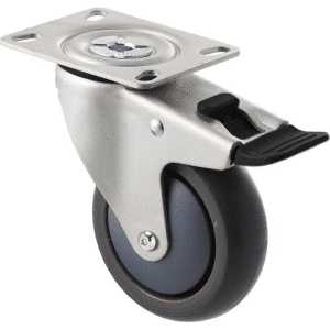 M Series castor, antistatic/conductive 100mm x 32mm TPE rubber wheel, thread guard, North American (NA) swivel plate, zinc fork with total brake, black seal & pedal, Chicago screw axle, precision bearing, 85 kg load rating