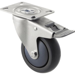 M Series castor, antistatic/conductive 100mm x 32mm TPE rubber wheel, thread guard, North American (NA) swivel plate, zinc fork with total brake, grey seal & pedal, precision bearing, 85 kg load rating