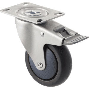 M Series castor, antistatic/conductive 100mm x 32mm TPE rubber wheel, thread guard, North American (NA) swivel plate, zinc fork with total brake, grey seal & pedal, Chicago screw axle, precision bearing, 85 kg load rating