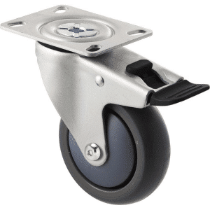 M Series castor, antistatic/conductive 100mm x 32mm TPE rubber wheel, thread guard, swivel plate, zinc fork with total brake, black seal & pedal, Chicago screw axle, precision bearing, 85 kg load rating