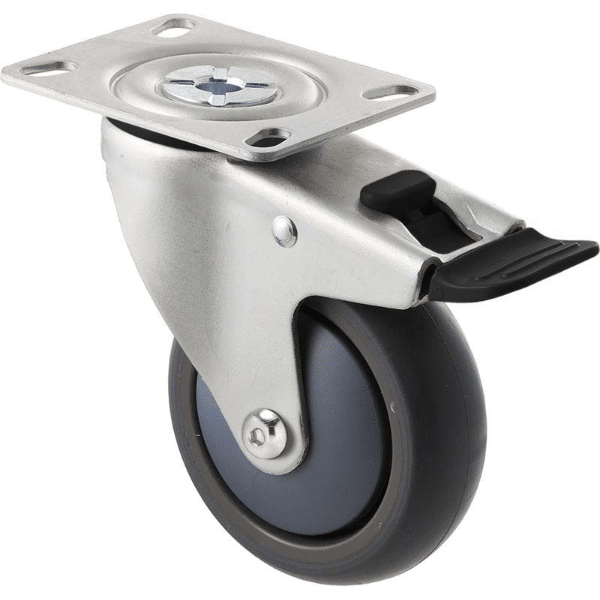 M Series castor, antistatic/conductive 100mm x 32mm TPE rubber wheel, thread guard, swivel plate, zinc fork with total brake, black seal & pedal, Chicago screw axle, precision bearing, 85 kg load rating 1 M Series castor, antistatic/conductive 100mm x 32mm TPE rubber wheel, thread guard, swivel plate, zinc fork with total brake, black seal & pedal, Chicago screw axle, precision bearing, 85 kg load rating