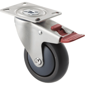 M Series castor, antistatic/conductive 100mm x 32mm TPE rubber wheel, thread guard, swivel plate, zinc fork with total brake, Chicago screw axle, precision bearing, 85 kg load rating