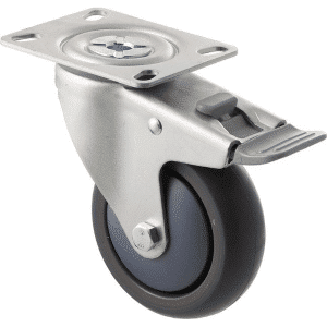 M Series castor, antistatic/conductive 100mm x 32mm TPE rubber wheel, thread guard, swivel plate, zinc fork with total brake, grey seal & pedal, precision bearing, 85 kg load rating