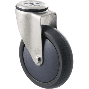 M Series castor, antistatic/conductive 125mm x 32mm TPE rubber wheel, thread guard, swivel bolt hole, zinc fork, black seal, precision bearing, 85 kg load rating