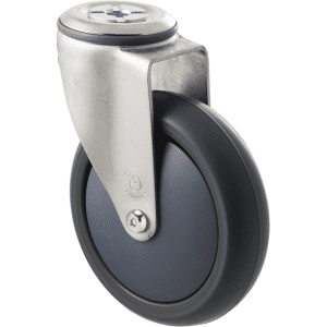 M Series castor, antistatic/conductive 125mm x 32mm TPE rubber wheel, thread guard, swivel bolt hole, zinc fork, precision bearing, Chicago screw axle, 85 kg load rating