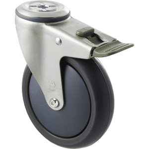M Series castor, antistatic/conductive 125mm x 32mm TPE rubber wheel, thread guard, swivel bolt hole, direction lock, zinc fork, Chicago screw axle, precision bearing, 85 kg load rating