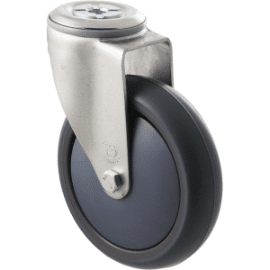 M Series castor, antistatic/conductive 125mm x 32mm TPE rubber wheel, thread guard, swivel bolt hole, zinc fork, grey seal, precision bearing, 85 kg load rating