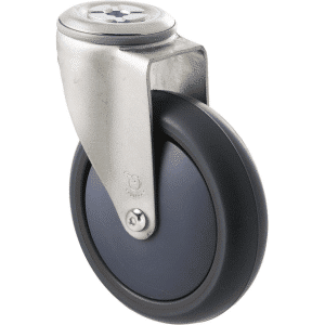 M Series castor, antistatic/conductive 125mm x 32mm TPE rubber wheel, thread guard, swivel bolt hole, zinc fork, grey seal, Chicago screw axle, precision bearing, 85 kg load rating