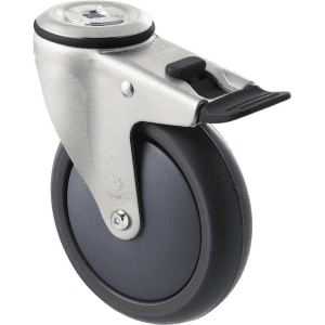M Series castor, antistatic/conductive 125mm x 32mm TPE rubber wheel, thread guard, swivel bolt hole, total brake, zinc fork, Chicago screw axle, precision bearing, 85 kg load rating