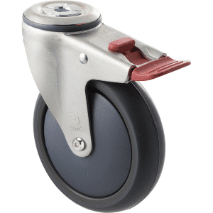 M Series castor, antistatic/conductive 125mm x 32mm TPE rubber wheel, thread guard, swivel bolt hole, total brake, zinc fork, precision bearing, 85 kg load rating