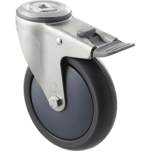 M Series castor, antistatic/conductive 125mm x 32mm TPE rubber wheel, thread guard, swivel bolt hole, total brake, zinc fork, grey seal & pedal, precision bearing, 85 kg load rating