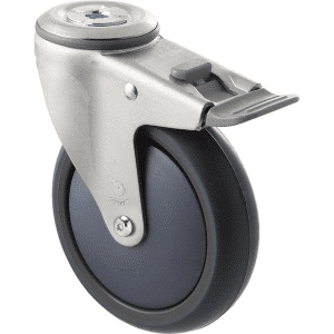 M Series castor, antistatic/conductive 125mm x 32mm TPE rubber wheel, thread guard, swivel bolt hole, total brake, zinc fork, grey seal & pedal, Chicago screw axle, precision bearing, 85 kg load rating