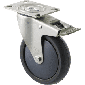 M Series castor, antistatic/conductive 125mm x 32mm TPE rubber wheel, thread guard, North American (NA) swivel plate, zinc fork, direction lock, precision bearing, 85 kg load rating