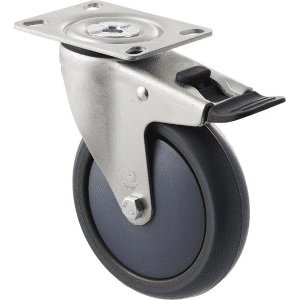 M Series castor, antistatic/conductive 125mm x 32mm TPE rubber wheel, thread guard, North American (NA) swivel plate, zinc fork with total brake, black seal & pedal, precision bearing, 85 kg load rating