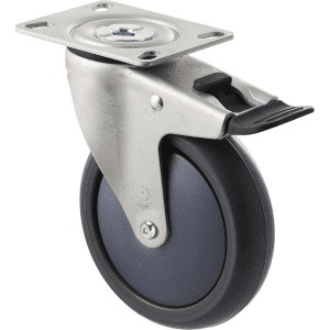 M Series castor, antistatic/conductive 125mm x 32mm TPE rubber wheel, thread guard, North American (NA) swivel plate, zinc fork with total brake, black seal & pedal, Chicago screw axle, precision bearing, 85 kg load rating