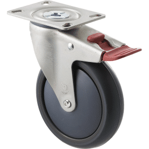 M Series castor, antistatic/conductive 125mm x 32mm TPE rubber wheel, thread guard, North American (NA) swivel plate, zinc fork with total brake, Chicago screw axle, precision bearing, 85 kg load rating