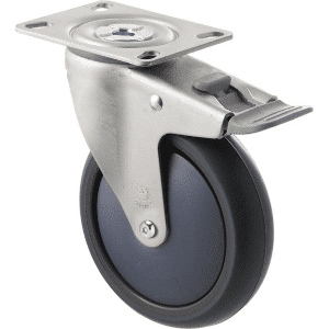 M Series castor, antistatic/conductive 125mm x 32mm TPE rubber wheel, thread guard, North American (NA) swivel plate, zinc fork with total brake, grey seal & pedal, Chicago screw axle, precision bearing, 85 kg load rating
