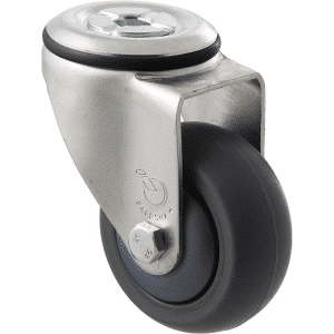 M Series castor, antistatic/conductive 75mm x 32mm TPE rubber wheel, thread guard, swivel bolt hole, zinc fork, black seal, precision bearing, 85 kg load rating