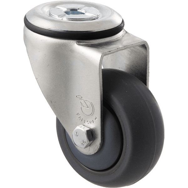 M Series castor, antistatic/conductive 75mm x 32mm TPE rubber wheel, thread guard, swivel bolt hole, zinc fork, black seal, precision bearing, 85 kg load rating 1 M Series castor, antistatic/conductive 75mm x 32mm TPE rubber wheel, thread guard, swivel bolt hole, zinc fork, black seal, precision bearing, 85 kg load rating