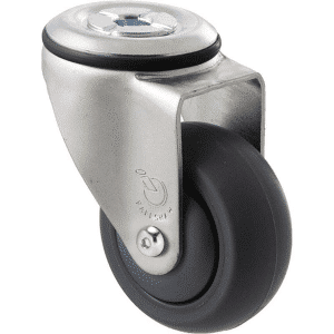 M Series castor, antistatic/conductive 75mm x 32mm TPE rubber wheel, thread guard, swivel bolt hole, zinc fork, black seal, Chicago screw axle, precision bearing, 85 kg load rating