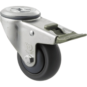 M Series castor, antistatic/conductive 75mm x 32mm TPE rubber wheel, thread guard, swivel bolt hole, direction lock, zinc fork, precision bearing, 85 kg load rating