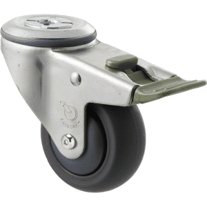 M Series castor, antistatic/conductive 75mm x 32mm TPE rubber wheel, thread guard, swivel bolt hole, direction lock, zinc fork, Chicago screw axle, precision bearing, 85 kg load rating