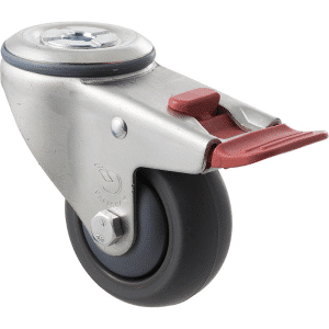 M Series castor, antistatic/conductive 75mm x 32mm TPE rubber wheel, thread guard, swivel bolt hole, total brake, zinc fork, precision bearing, 85 kg load rating