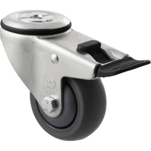 M Series castor, antistatic/conductive 75mm x 32mm TPE rubber wheel, thread guard, swivel bolt hole, total brake, zinc fork, black seal & pedal, precision bearing, 85 kg load rating