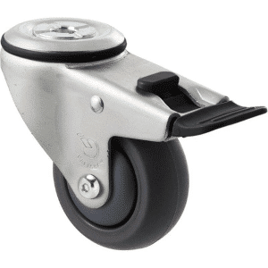 M Series castor, antistatic/conductive 75mm x 32mm TPE rubber wheel, thread guard, swivel bolt hole, total brake, zinc fork, Chicago screw axle, precision bearing, 85 kg load rating