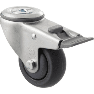 M Series castor, antistatic/conductive 75mm x 32mm TPE rubber wheel, thread guard, swivel bolt hole, total brake, zinc fork, grey seal & pedal, precision bearing, 85 kg load rating