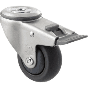M Series castor, antistatic/conductive 75mm x 32mm TPE rubber wheel, thread guard, swivel bolt hole, total brake, zinc fork, grey seal & pedal, Chicago screw axle, precision bearing, 85 kg load rating