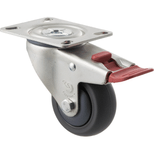 M Series castor, antistatic/conductive 75mm x 32mm TPE rubber wheel, thread guard, North American (NA) swivel plate, zinc fork with total brake, precision bearing, 85 kg load rating
