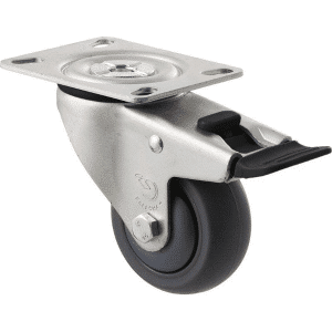 M Series castor, antistatic/conductive 75mm x 32mm TPE rubber wheel, thread guard, North American (NA) swivel plate, zinc fork with total brake, black seal & pedal, precision bearing, 85 kg load rating