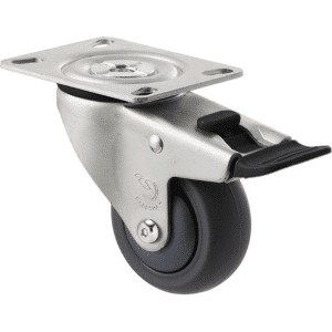 M Series castor, antistatic/conductive 75mm x 32mm TPE rubber wheel, thread guard, North American (NA) swivel plate, zinc fork with total brake, black seal & pedal, Chicago screw axle, precision bearing, 85 kg load rating