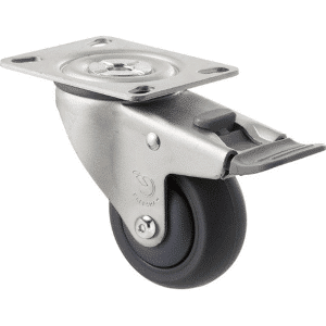 M Series castor, antistatic/conductive 75mm x 32mm TPE rubber wheel, thread guard, North American (NA) swivel plate, zinc fork with total brake, grey seal & pedal, Chicago screw axle, precision bearing, 85 kg load rating