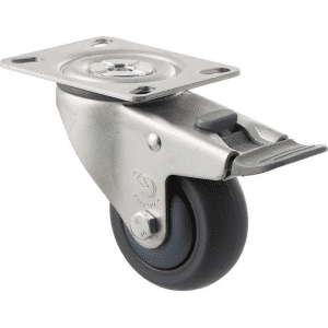 M Series castor, antistatic/conductive 75mm x 32mm TPE rubber wheel, thread guard, swivel plate, zinc fork with total brake, grey seal & pedal, precision bearing, 85 kg load rating