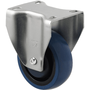 M Series castor, high-res blue rubber 100mm wheel, precision bearing, fixed, Chicago screw axle, Bluestone thread guard, load rating 140 kg